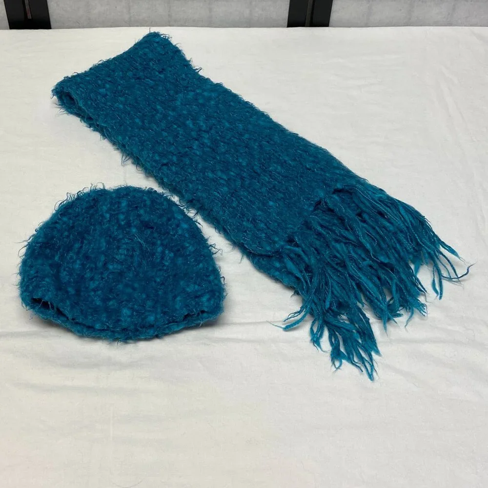 ANA Knit Beanie & Fringed Scarf 2 pc Set Turquoise Nubby Fuzzy Winter Cozy Chic - Picture 5 of 11